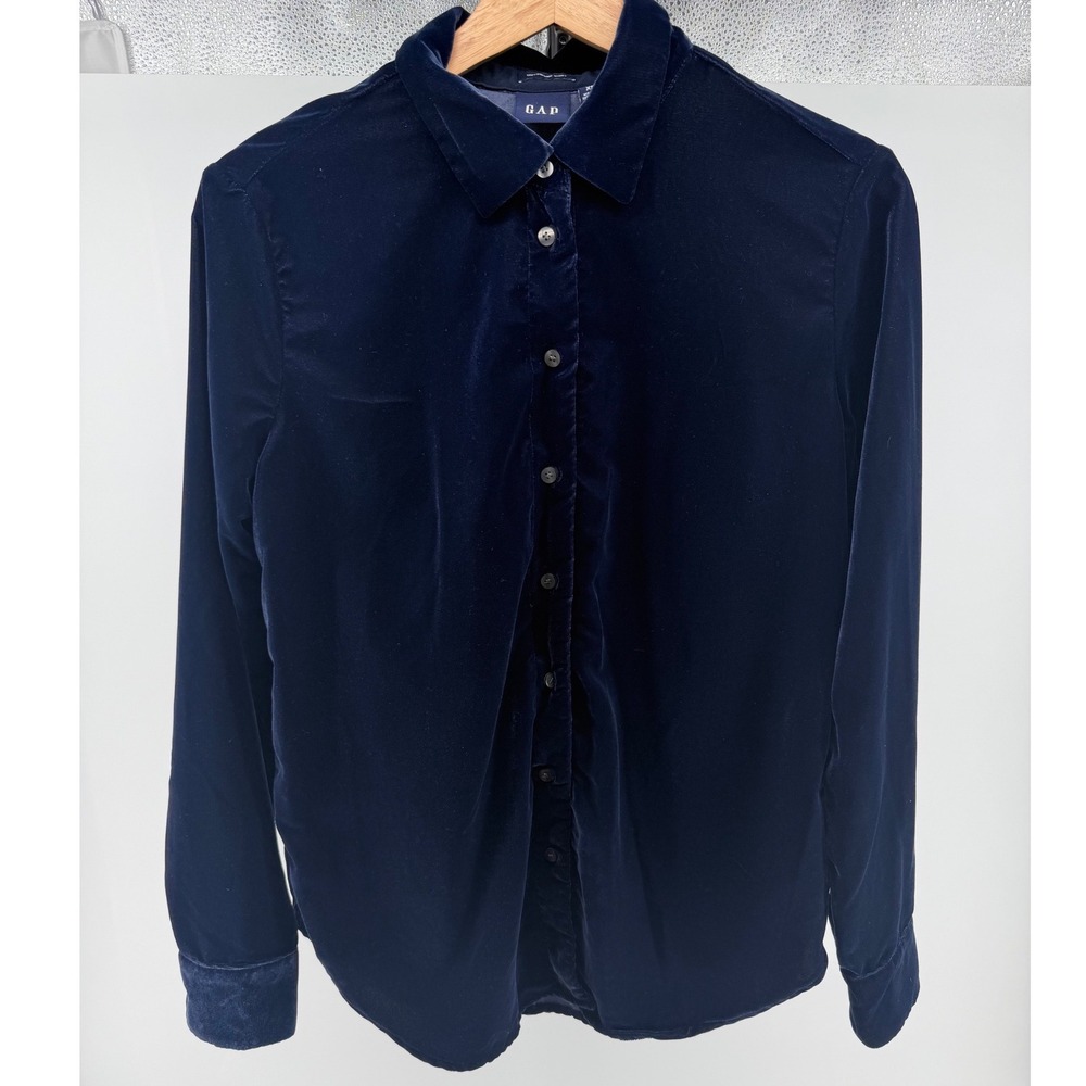 Gap Navy Blue Velvet Boyfriend Shirt Long Sleeve Button Up Blouse XS‎ 0726
